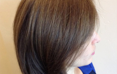 Sleek chin-length brown bob, side view