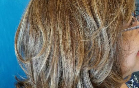 Layered shoulder-length cut with ash blonde pieces