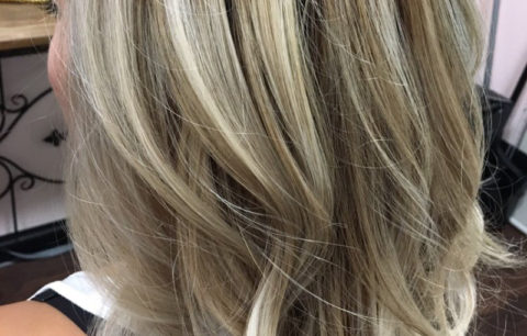 Blonde bob with fine light and dark pieces, back view
